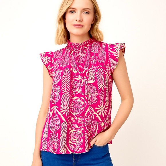 BiBi Women's Bold Pink Paisley Print Smocked Cap Sleeves Flowy Relaxed Tribal L - Picture 1 of 9